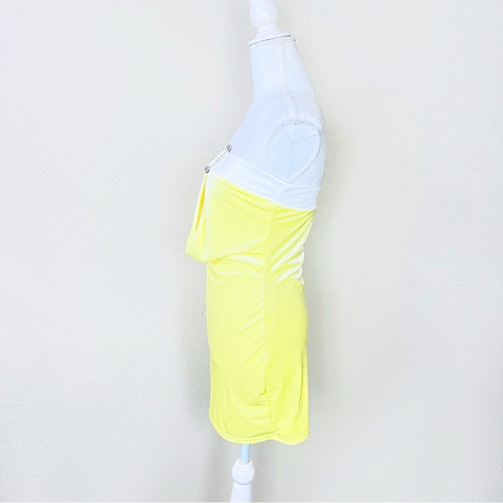 Yellow Velvet & Vinyl White Buckle Cut Out Cowl Bodycon Strapless Mini Dress - Picture 3 of 11